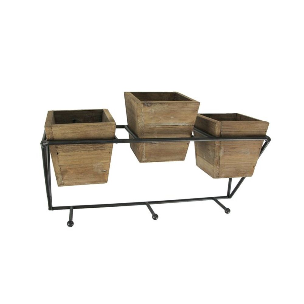 Wood and Wrought Iron Triple Planter Wall Hook Rack